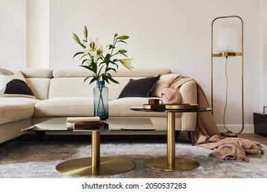 Stylish Living Room Interior Composition With Beige Sofa, Glass Coffee Table, Carpet On The Floor And Glamorous Accessories. Template.