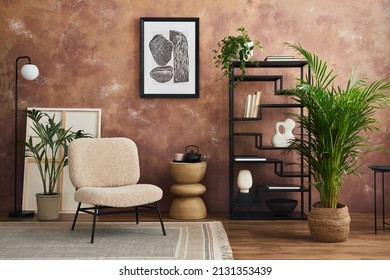 Stylish living room interior design with mock up poster frame frotte armchair, black metal shelf, side table, plants and creative home accessories. Home staging. Template. Copy space. - Shutterstock ID 2131353439