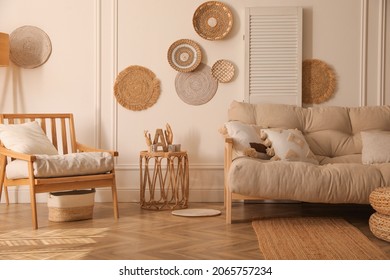 Stylish living room interior with wooden furniture - Shutterstock ID 2065757234