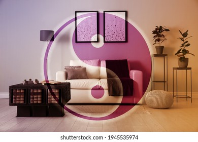 Stylish Living Room Interior And Yin Yang Symbol. Feng Shui Philosophy 