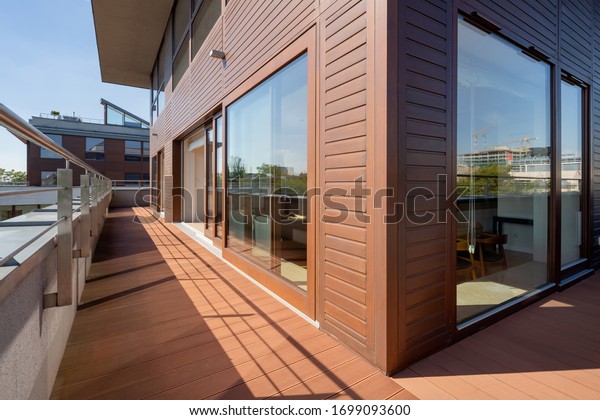 Stylish Long Wooden Home Terrace City Stock Photo Edit Now 1699093600