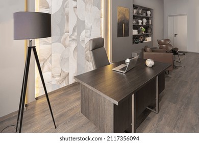 Stylish Luxury Home Office Interior In An Ultramodern Brutal Apartment In Dark Colors And Cool Led Lighting