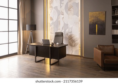 stylish luxury home office interior in an ultramodern brutal apartment in dark colors and cool led lighting - Shutterstock ID 2117356139