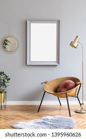 Stylish And Luxury Interior With Design Honey Yellow Armchair, Gray Mock Up Frame, Gold Lamp, Mirror, Plant, Pillow And Elegant Accessories. Modern Home Decor Of Living Room. Real Photo. Template.