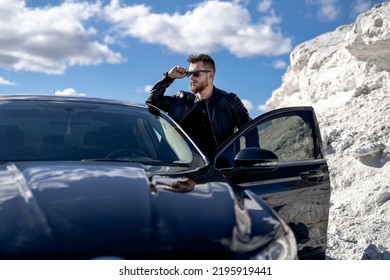 Stylish Male Model With Car. Handsome Cool Guy In Casual Cloth.