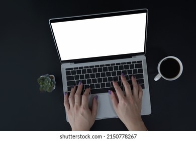 Stylish Man Hands Typing On Computer Laptop Keyboard. Overhead View.