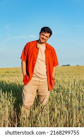 Stylish Man Stand In Wheat Field In Summer