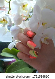 Stylish manicure design  coral color gel polish  gradient nails   papaya pattern