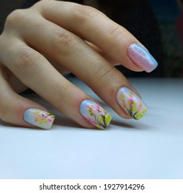 stylish manicure design in gentle spring  summer shades  Pink and blue color smooth transition ombre gradient nails  Drawing bird in different shades