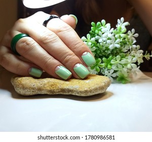 Stylish Manicure Design For Short Nails Moon Manicure Design. Tiffany Color Gel Polish, Mint Shade