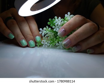 Stylish Manicure Design For Short Nails Moon Manicure Design. Tiffany Color Gel Polish, Mint Shade