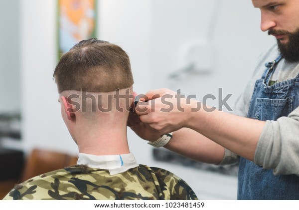 Stylish Mens Haircut Barbershop Barber Makes Stock Image