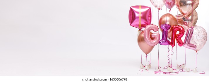 Stylish Metallic Pink Balloons For Valentine's Day, Hen Party Or Baby Shower On A White Background. The Inscription 