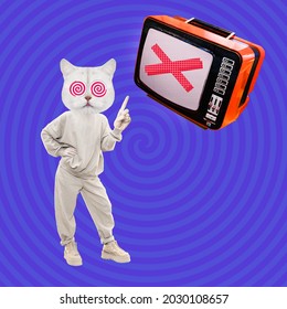 Stylish Minimal Collage Scene. Funny Cat Character Hypnotizing Tv. News, Negative, Misinformation Concept