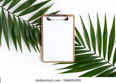 Stylish Minimal Composition With Clip Board And Green Leaves On A White Pastel Background. Artwork Mockup With Copy Space