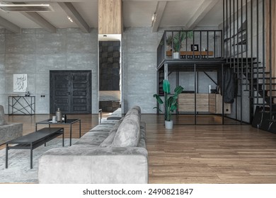 stylish minimalistic restrained modern interior of a two-storey apartment without people in the daytime in loft style in gray tones. - Powered by Shutterstock