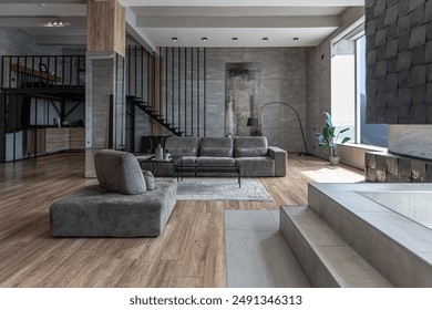 stylish minimalistic restrained modern interior of the apartment, a spacious room with a swimming pool, large panoramic windows overlooking the mountains. without people in the daytime - Powered by Shutterstock