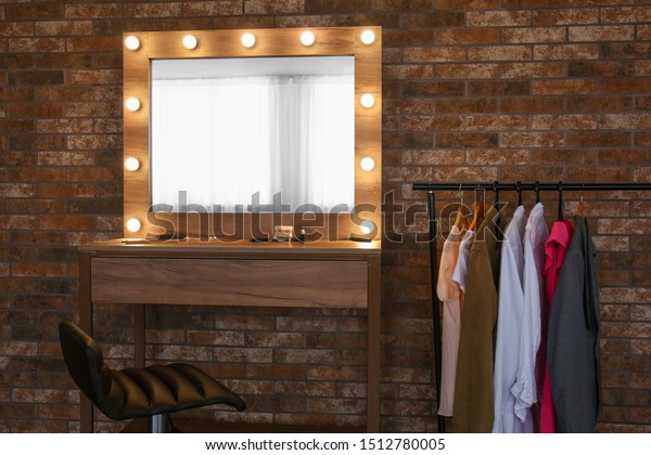 Stylish Mirror Dressing Table Makeup Cosmetics Stock Photo