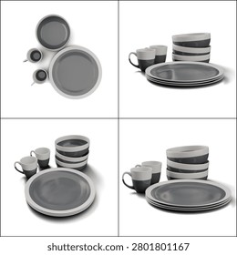 Stylish modern gray and white dinnerware set shown from multiple angles, including plates, bowls, and mugs, perfect for elegant kitchen decor.