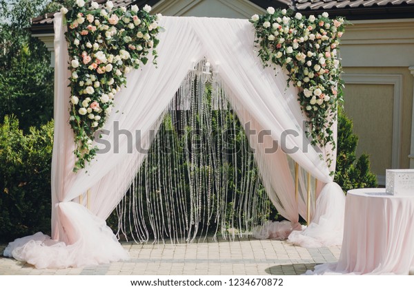 Stylish Modern Wedding Arch Rosestullestones Floral Stock Photo