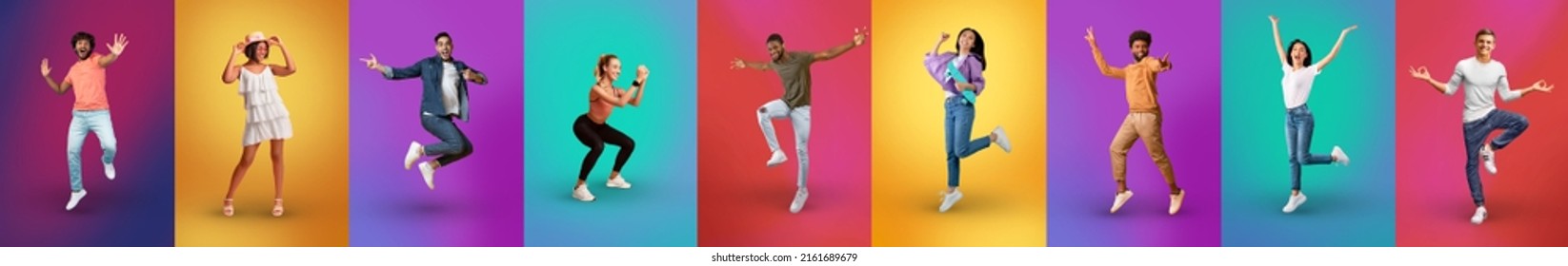Stylish multiethnic millennials posing on colorful backgrounds, collage, panorama. Set of full length studio shots of attractive multiracial young men and women showing different lifestyles - Shutterstock ID 2161689679