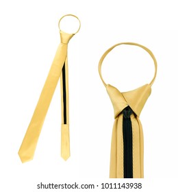 Stylish Narrow Tied Gold Tie Isolated On White Background, Pretied Skinny Men's Neck Tie Solid Color Zipper Necktie