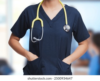 Stylish navy blue medical scrub with stethoscope, perfect for healthcare professionals. Comfort meets functionality in a professional look. - Powered by Shutterstock