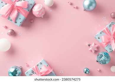 Stylish New Year concept. Top view photo of baubles, star shaped confetti, girly gift packages with ribbon bows, mistletoe berries on tender pastel pink background with space for text or advertisement