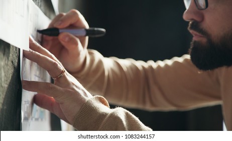 Stylish Office In Loft Style. Businessman Makes Notes On The Wall. Business Idea, Thinking Design, Mind Map. Designer Works In Loft Office And Makes Notes On The Drawings On The Wall. Close Up