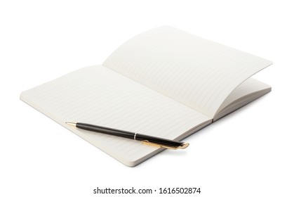 Stylish open notebook and pen isolated on white