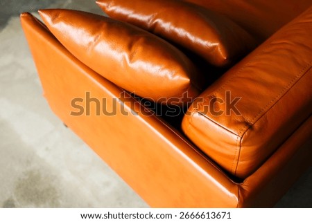 A stylish orange leather sofa featuring soft cushions rests in a contemporary living room with minimal decor elements.