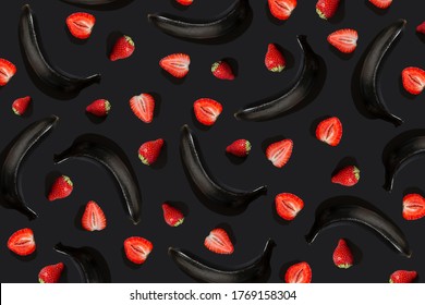 Stylish pattern of black bananas and strawberries. Background for sex shops