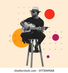 Stylish performer playing guitar on pastel color background. Copy space for ad, text. Modern design. Conceptual, contemporary artcollage. Retro styled, surrealism, fashionable. Neon colors, line art