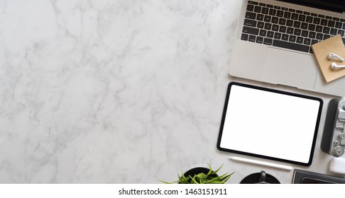 Stylish Photographer's Work Place With Copy Space And Blank Screen Tablet, Top View With Marble Desk Background