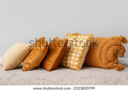 Stylish pillows on carpet near light wall in room