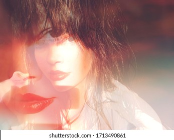 Stylish Portrait Of Double Female Pretty Face With Light Leak, Soft Blurry Focus