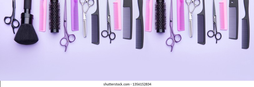 Stylish professional barber scissors and combs, hairdresser salon concept, hairdressing tool set. Haircut accessories
