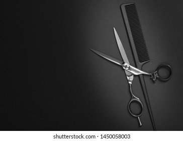 Stylish Professional Barber Scissors, Hair Cutting Shears On Black Background. Hairdresser Salon Equipment Concept, Hairdressing Set. Haircut Accessories. Copy Space Image, Flat Lay Mockup