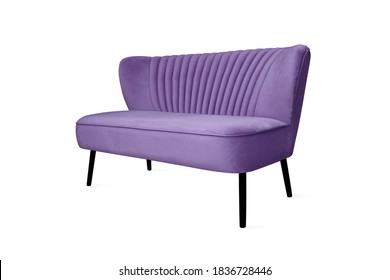 Stylish Purple Fabric Sofa With Wooden Legs Isolated On White Background. Fashionable Comfortable Single Piece Of Furniture. Luxury Velvet  Couch Side View. Interior Object. Series Of Furniture