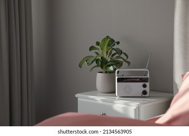 Stylish radio receiver and plant on nightstand in bedroom