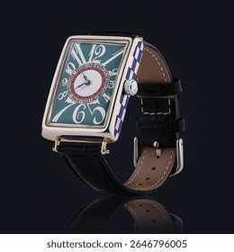Stylish rectangular wristwatch with an artistic green dial, unique bold white numbers and a glossy black leather strap. A luxury accessory for fashion lovers and collectors.