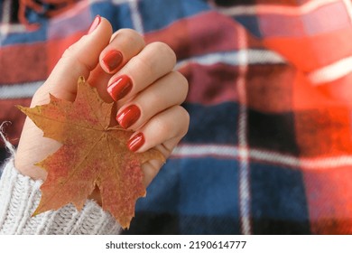 Stylish red female nails. Fall leaf in hands. Modern Beautiful manicure. Autumn winter nail design concept of beauty treatment. Gel nails. Skin care. Wellness. Trendy colors. - Shutterstock ID 2190614777