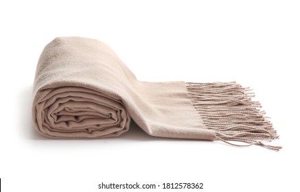 Stylish rolled scarf on white background. Winter clothing