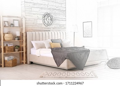 Stylish Room With Big Comfortable Bed. Illustrated Interior Design
