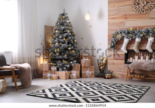 Stylish Room Interior Beautiful Christmas Tree Stock Photo Edit