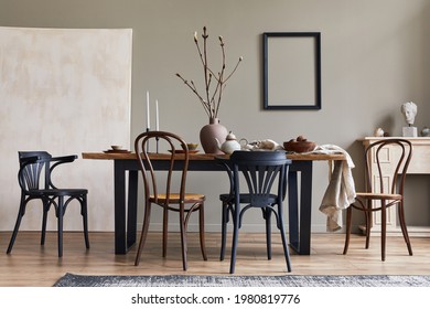 Stylish Rustic Interior Of Dining Room With Walnut Wooden Table, Retro Chairs, Decoration, Fireplace, Dried Flower, Candlestick Mock Up Picture Frame And Carpet In Minimalist Home Decor. Template.