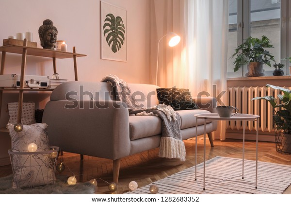 Stylish\
scandinavian interior with design sofa, poster, plants, bookstand,\
coffee table, cozy blanket and mock up frames. White background\
walls, brown wooden parquet. Photo by\
night.