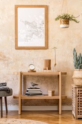 Stylish Scandinavian Interior Of Living Room With Mock Up Poster Frame, Wooden Console, Plants, Grey Stool, Decoration, Grunge Wall And Elegant Personal Accessories In Modern Home Decor.