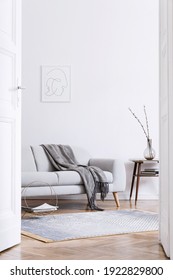 Stylish scandinavian interior of living room with design grey sofa, retro wooden table, mock up poster frame, decoration , carpet and personal accessories in elegant home decor.