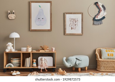 Stylish Scandinavian Kid Room Interior With Toys, Teddy Bear, Plush Animal Toys, Mint Armchair, Furniture, Decoration And Child Accessories. Brown Wooden Mock Up Poster Frames On The Wall. Template